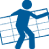 A blue person is standing in front of a wall.