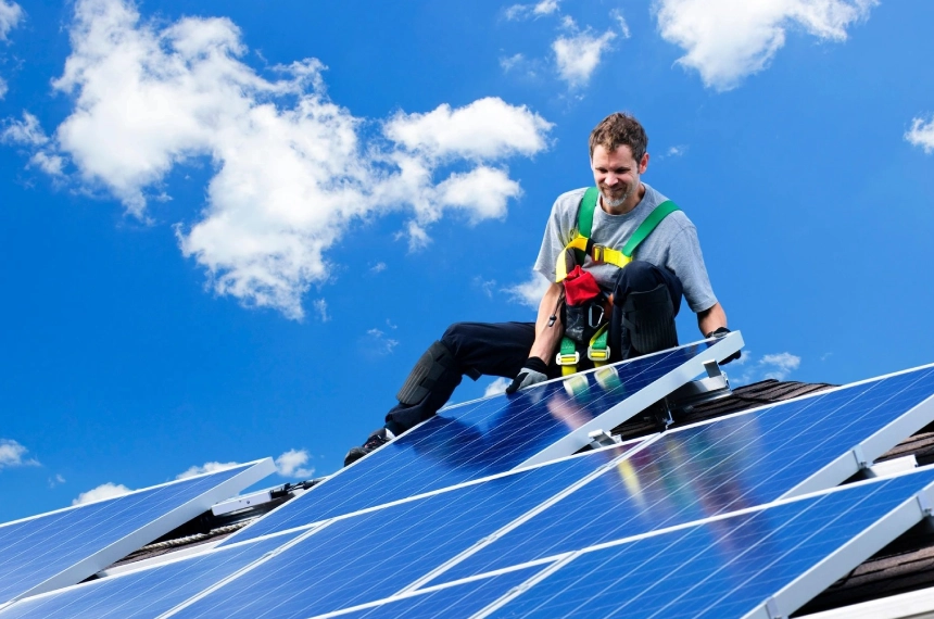 A man on top of a roof with solar panels.