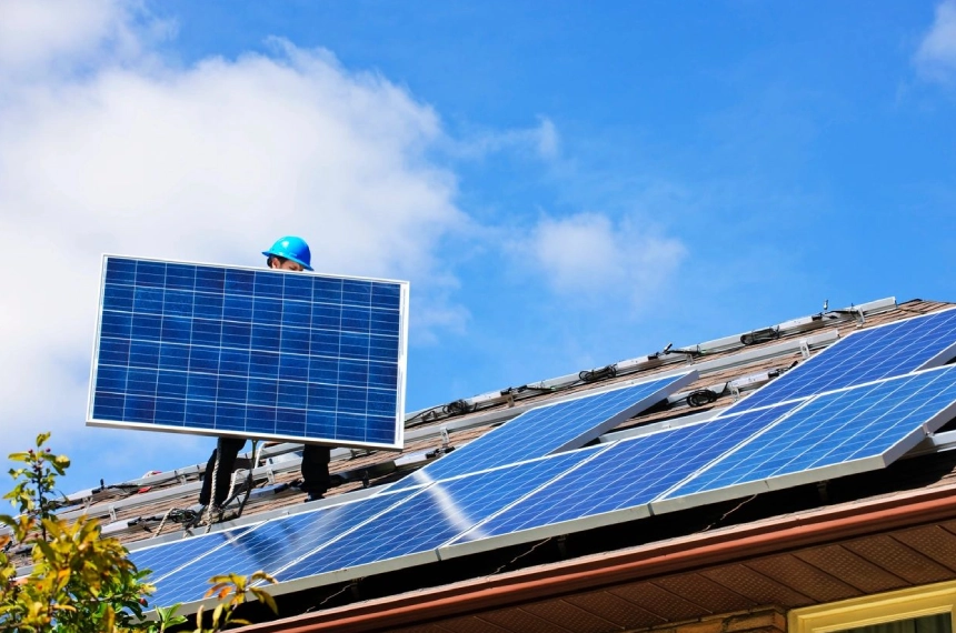 A man is holding a solar panel on the roof of his home.